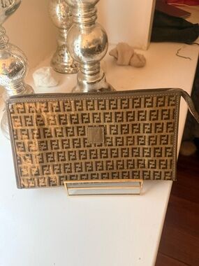 Fendi AUTHENTIC VINTAGE Canvas Clutch/Pouch w leather trim- excellent condition